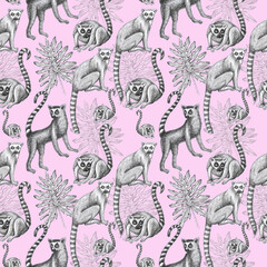 lemurs pattern drawing silhouette tropical animals isolate object pink background primacy