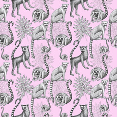 lemurs pattern drawing silhouette tropical animals isolate object pink background primacy