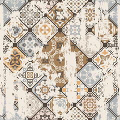 Seamless vintage pattern with an effect of attrition. Patchwork tiles. Hand drawn seamless abstract pattern from tiles. Azulejos tiles patchwork. Portuguese and Spain decor.