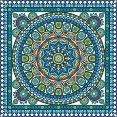 Seamless oriental pattern. Geometric tiles with mandala. Vector laced Persian carpet. Indian, Arabic festival style floral ornament. Bandanna shawl, tablecloth fabric print, scarf, kerchief design