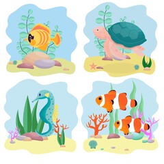 Set of aquatic composition with underwater inhabitants, isolated clipart, design elements on white background stock vector illustration.