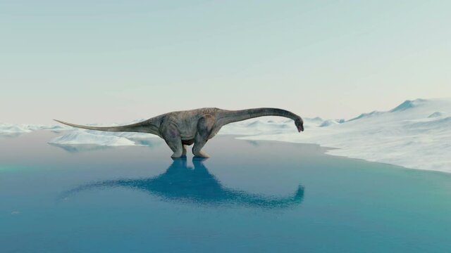 Dinosaur. Prehistoric snow landscape, ice valley with Dinosaurs. Arctic view. Realistic render and animation