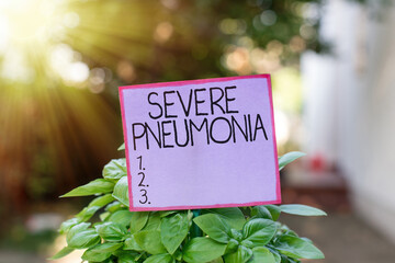 Conceptual hand writing showing Severe Pneumonia. Concept meaning acute disease that is marked by...