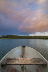 View from the boat to the lake and beautiful rainbow
