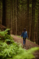 Fototapeta na wymiar Rear view of a girl walking on the woods, traveler in romanian carpathian mountains, wears in denim clothes, looking up. Vertical view.