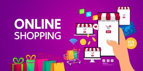 Shopping Online on Website or Mobile Application vector illustration.