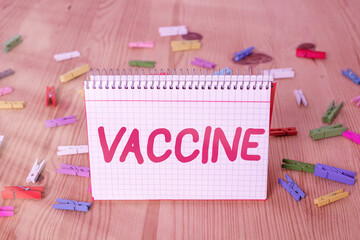 Handwriting text writing Vaccine. Conceptual photo preparation of killed microorganisms or living...