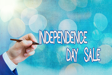 Conceptual hand writing showing Independence Day Sale. Concept meaning Anniversary Bargain...