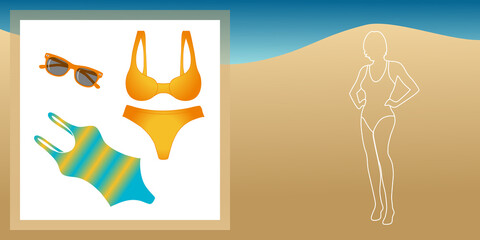 Illustration au trait d’une silhouette de femme en maillot de bain et quelques accessoires à porter sur la plage.