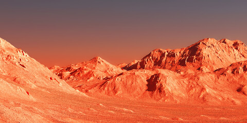 Mars landscape, 3d render of imaginary mars planet terrain, science fiction illustration. © Cobalt