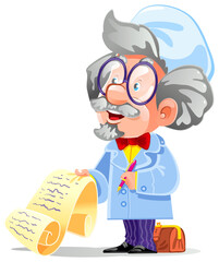 An old and wise doctor in glasses and with gray hair writes out a prescription. In his medical bag there are all the necessary medicines. Merry and kind cartoon character. Isolated vector illustration