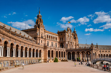 Fototapeta na wymiar It's Central building at the Plaza de Espana in Seville, Andalusia, Spain. One of the most beautiful places in Seville