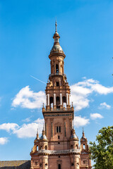 It's Tower of Central building at the Plaza de Espana in Seville, Andalusia, Spain. It's example of the Renaissance Revival style in Spanish architecture.