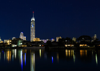 City lights of Surfers Paradise reflecting in the water.