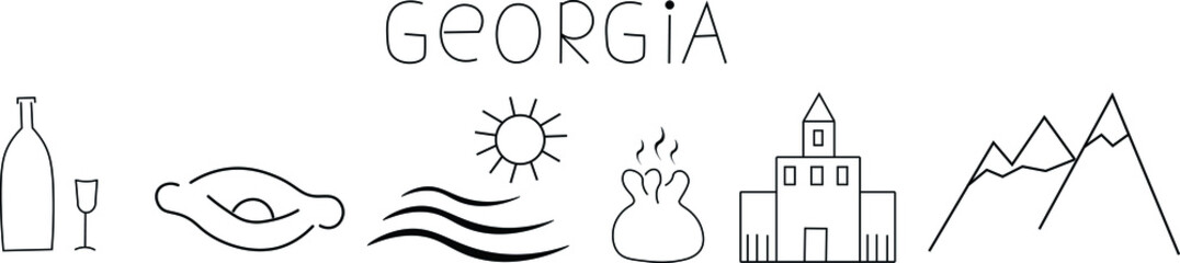 Georgia, food, travel, wine  vector isolated design elements and lettering on white background. Concept for logo, menu, cards 