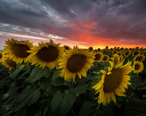 yellow and orange sunflowers on field during sunset in Poland