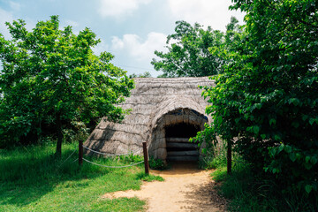 Straw hut traditional house at Ganghwa Dolmen park UNESCO World Heritage Site in Incheon, Korea