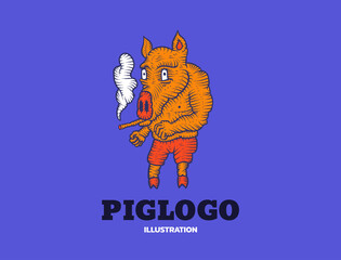 Pig logo- vector illustration. Emblem design on blue background