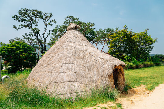 Straw hut traditional house at Ganghwa Dolmen park UNESCO World Heritage Site in Incheon, Korea