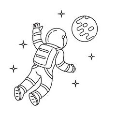 Black and white illustration of cosmonaut who  floating in weightlessness against planetary object