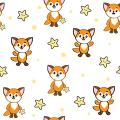 Cute fox and stars in kawaii style on a white background seamless pattern