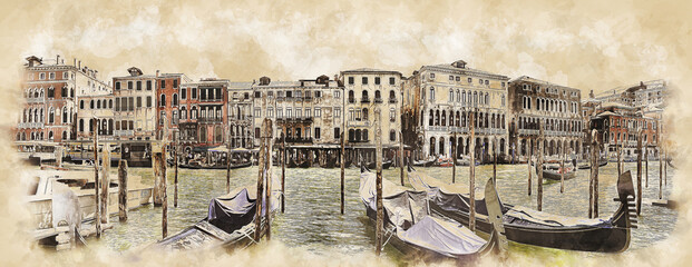 Panoramic view of Venetian Grand Canal with gondolas and medieval buildings, sketch drawing
