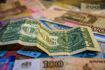 Closeup shot of different currencies. Good for presentations in finance, accounting or business development 