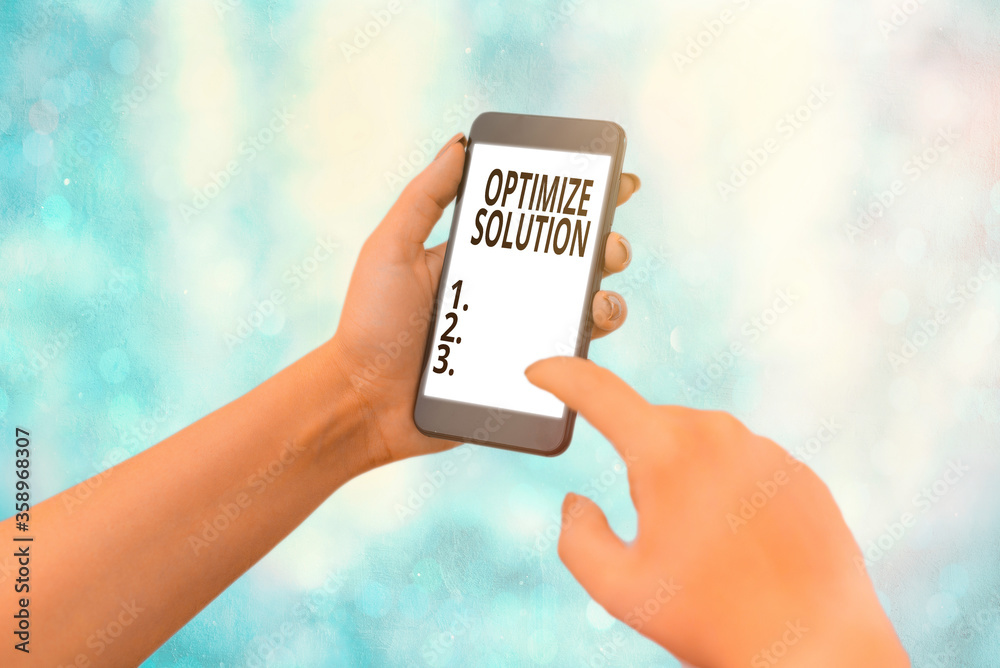 Poster writing note showing optimize solution. business concept for process of finding the greatest value o