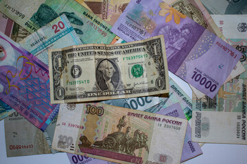 Closeup shot of different currencies. Good for presentations in finance, accounting or business development 