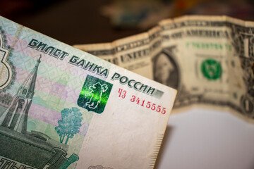 Closeup shot of different currencies. Good for presentations in finance, accounting or business development 
