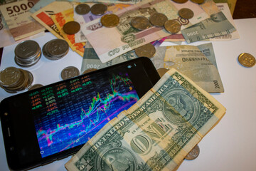 Shot of different currencies notes and coins. Market indicator on the phone