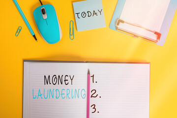 Word writing text Money Laundering. Business photo showcasing illegal process hiding origin of...