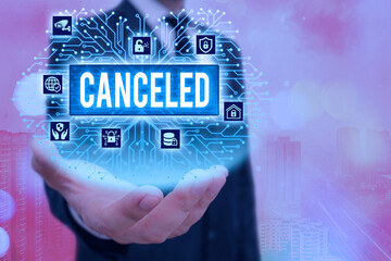 Conceptual hand writing showing Canceled. Concept meaning to decide not to conduct or perform...