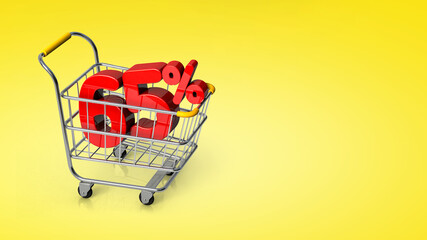 Shopping cart with 65% discount on yellow background. 65 percent discount in shopping cart with copy space. Sale concept. 3D render illustration isolated on white background.