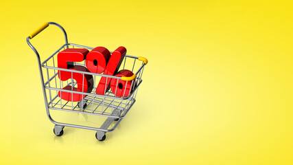 Shopping cart with 5% discount on yellow background. 5 percent discount in shopping cart with copy space. Sale concept. 3D render illustration isolated on white background. © Surendra