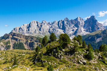 Fototapeta na wymiar peaks of pala group mountains pale di san Martino with green meadow