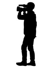 Fototapeta na wymiar Man filming a television report on a camcorder. Isolated silhouettes on a white background