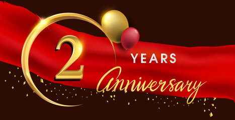 2nd anniversary logotype with golden ring isolated on red ribbon elegant background, vector design for birthday celebration, greeting card and invitation card.