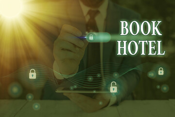 Word writing text Book Hotel. Business photo showcasing reserving an accommodation paid on a...