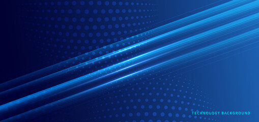 Abstract technology futuristic lines neon glowing dots with lighting on blue background.