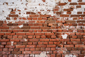 Old, red, empty brick wall background, texture with copy space