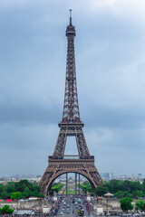 The eiffel tower on a cloudy day, in Paris, France.
