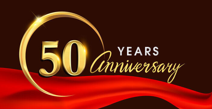 50th anniversary logotype with golden ring isolated on red ribbon elegant background, vector design for birthday celebration, greeting card and invitation card.