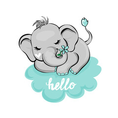 Vector illustration of a sleeping elephant on a cloud on a white background for children