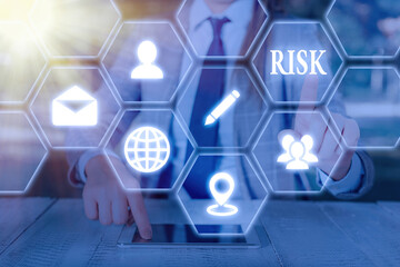 Writing note showing Risk. Business concept for implies future uncertainty about deviation from...