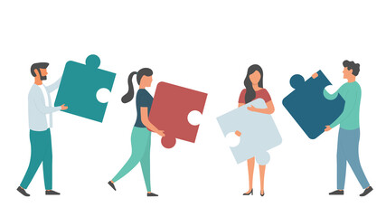 Obraz premium Business concept. Team people connecting puzzle elements. Vector illustration flat design style. Symbol of teamwork, cooperation, partnership. Illustration about business and finance