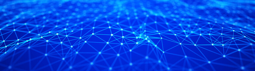 Fototapeta premium Network of bright connected dots and lines. Abstract dynamic wave of many points. Digital background. 3D rendering.