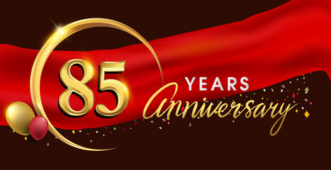 85th anniversary logotype with golden ring isolated on red ribbon elegant background, vector design for birthday celebration, greeting card and invitation card. © Vectorideas