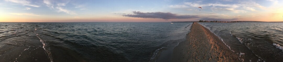 Baltic sea panoramic (Rewa, Poland, Europe) photo. Sunset / sunrise on the sea. 