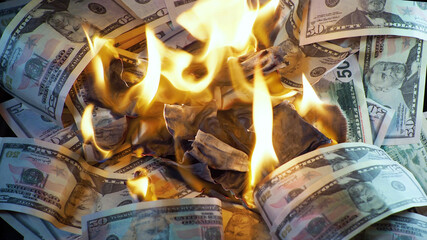 A lot of dollars in the fire, the global financial crisis and inflation, the concept - 358974977